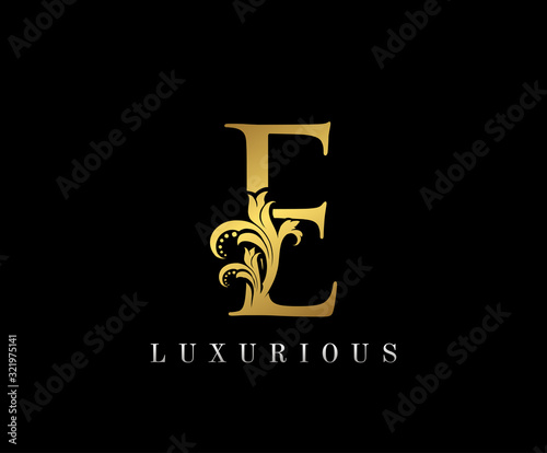 Golden E Luxury Logo Icon, Vintage Royal Gold E Letter Logo Design.