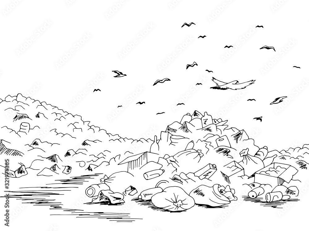 Landfill trash ecology problem graphic black landscape sketch