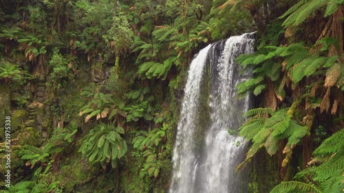 View of the top portion on Beauchamp Waterfall in Victoria, Australia. Featuring large rapid waters cascading from the top of the cliff in the lush fern covered rain forest. photo