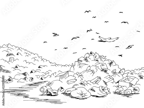 Landfill trash ecology problem graphic black landscape sketch illustration vector
