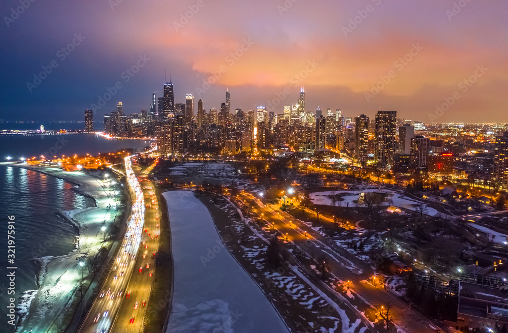 Chicago downtown buildings aerial skyline