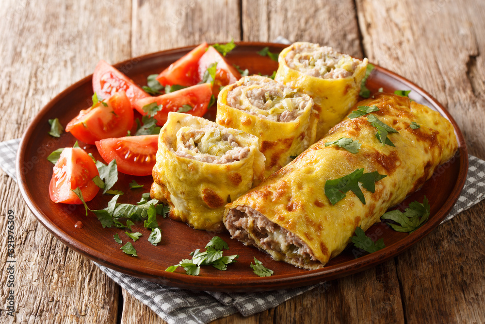 egg roll with meat, cheese and pickled cucumbers close-up in a plate served with tomatoes. horizontal egg roll with meat, cheese and pickled cucumbers close-up in a plate served with tomatoes. horizontal