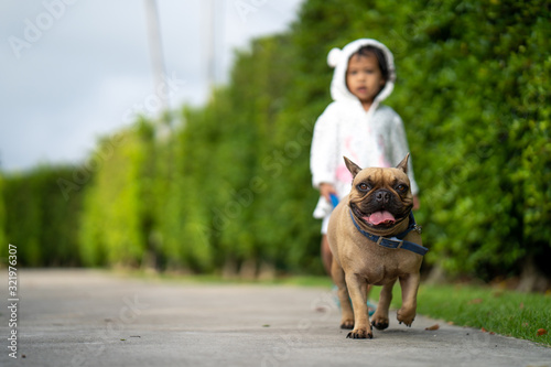 Cute little girl walk with her french bulldog at the wooden bridge in morning.