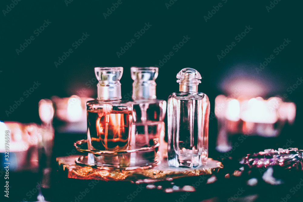 Perfume bottles and vintage fragrance at night, aroma scent, fragrant cosmetics and eau de toilette as luxury beauty brand, holiday fashion parfum design - obrazy, fototapety, plakaty 