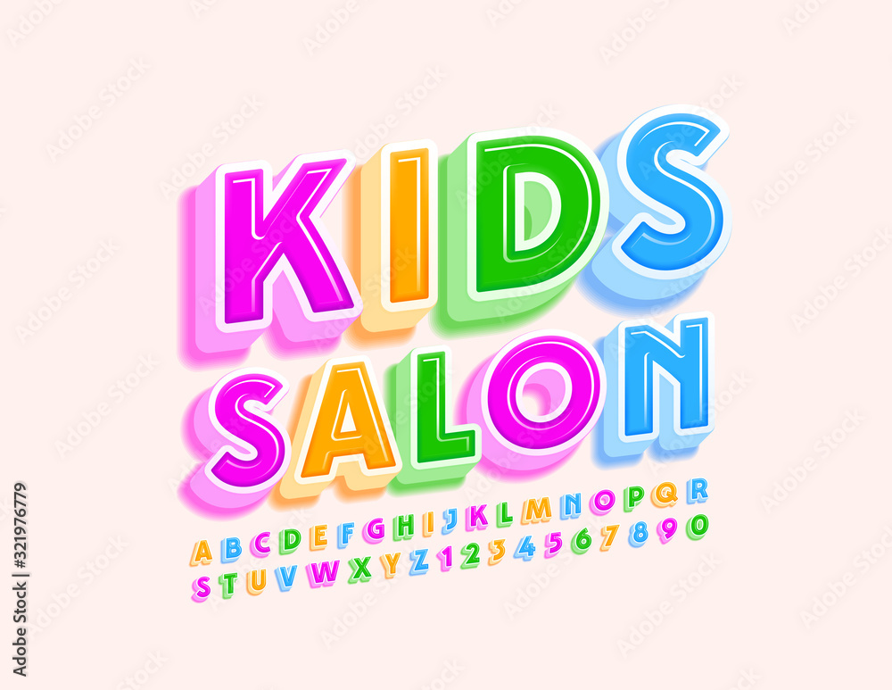 Vector stylish logo Kids Salon. Colorful 3D Font. Bright Alphabet Letters and Numbers.