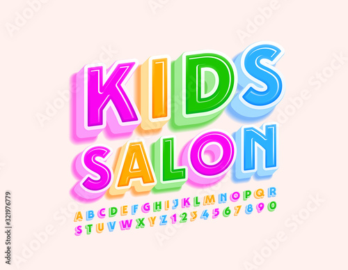 Vector stylish logo Kids Salon. Colorful 3D Font. Bright Alphabet Letters and Numbers.