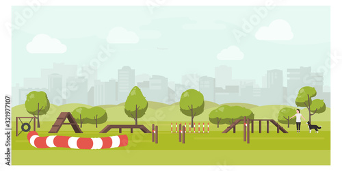 Agility track in city park flat illustration. Dog playground vector. Woman training dog in public park. Training equipment  barriers  swing  tunnel  slalom.