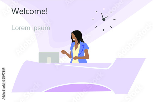 Young woman receptionist standing at reception desk. Modern vector illustration.