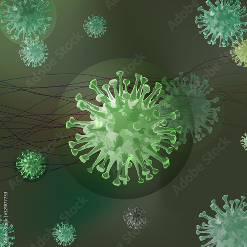 Pathogenic viruses causing infection in host organism , Viral disease outbreak , Microscopic view of floating influenza virus cells. Dangerous asian ncov corona virus, SARS pandemic risk concept