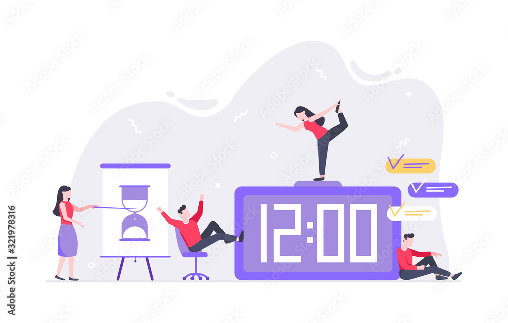 Tiny people characters working together with clock and character people. Teamwork and time management concept flat style design vector illustration isolated white background.