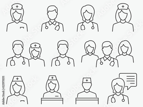 Doctor and Nurse line icon set. Vector illustration. Editable stroke.