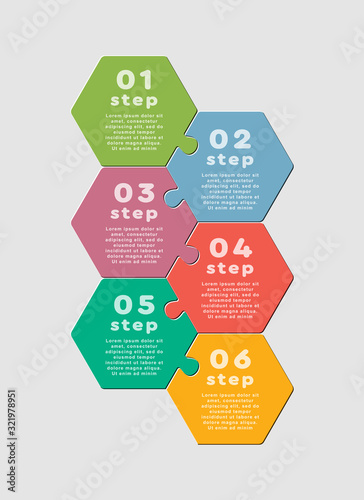 Six puzzle jigsaw hexagon line info graphic.
