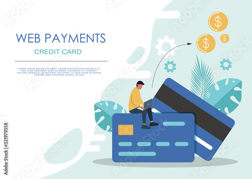 Mobile banking concept illustration of people sitting on credit cards and using mobile smart phone for online banking and accounting. Flat men and women with credit cards