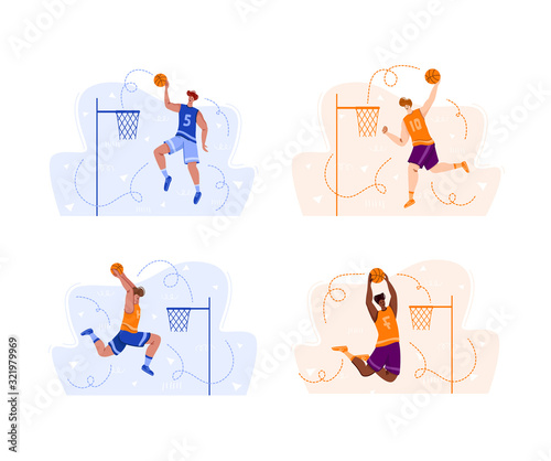 Basketball players jumping with ball on sport playground, muscular athletic men or sportsmen in uniform training - banner set for sport academy website, app, flat people - vector