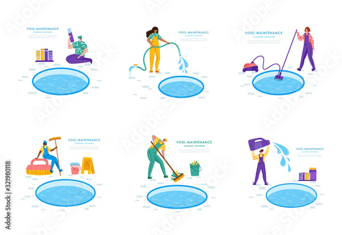 Pool maintenance or cleaning service, group of people in uniform, cleaning products for swimming pool, workers with equipment - test water, net, broom, flat vector for website, landing page, banner