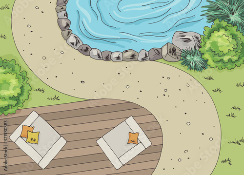 Garden landscape architect design backyard graphic color sketch aerial view illustration vector