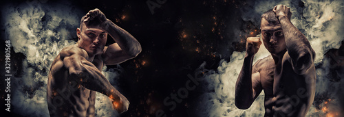 Professional boxer posing in the studio. Split two portraits. The concept of sport, boxing, healthy lifestyle, mma.