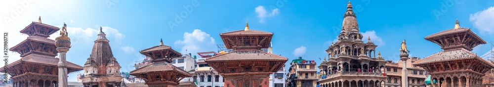 Panoramic view of Ancient temples at Patan Durbar Square, Nepal. A UNESCO World Heritage Site.