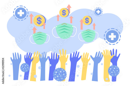 illustration of many hands reach out for face mask show the consequence   of the increasing demand on surgical mask, the price is rising. because of the air pollution and novel Coronavirus spreading.