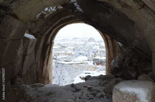 Breathtaking view of Valley in winter season, Cappadocia national park from the arch, Turkey. 