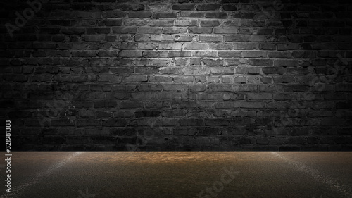 background of an empty black room  a cellar  lit by a searchlight. Brick black wall and wooden floor