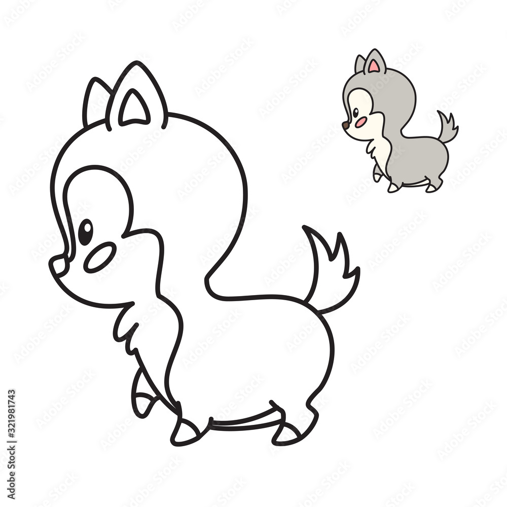 Coloring page for little children. Outlined illustration of a wolf in cartoon style. Vector 8 EPS.