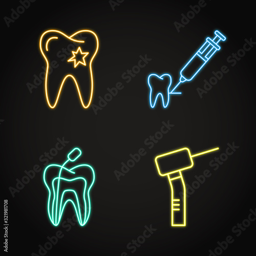 Dental treatment icon set in neon line style