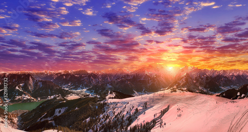 Bild auf Leinwand Aerial panoramic view of Zell am See and Kaprun tourist resort w