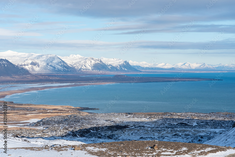 Beautiful view of snowcapped mountains along the Icelandic highway