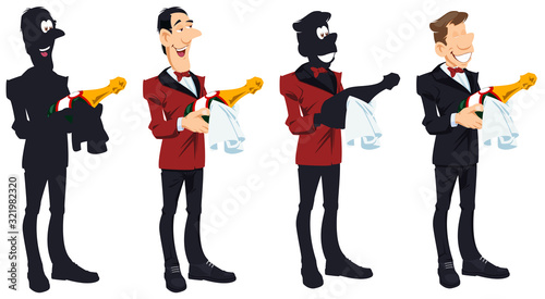 Waiter with bottle wine. Funny people.