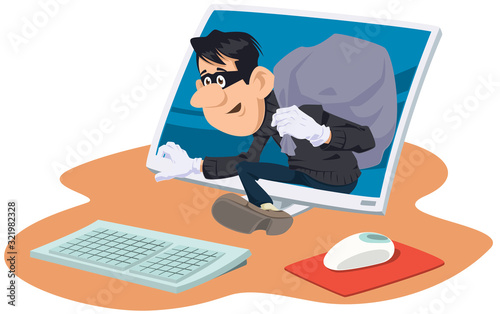 Cartoon thief step out from computer. Funny people.