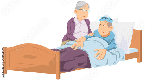 Elderly woman near sick man. Funny people.