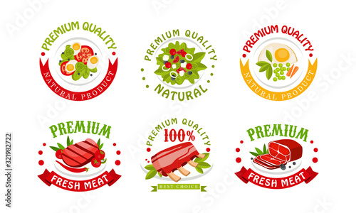 Natural Product Premium Quality Logo Collection, Fresh Meat Best Choice Bright Badges, Labels Vector Illustration
