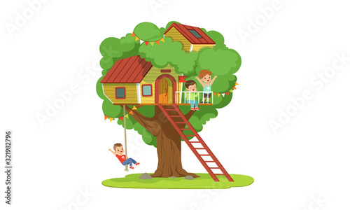 Tree House for Kids, Boys Playing and Having Fun in Treehouse, Kids Playground with Swing and Ladder Vector Illustration