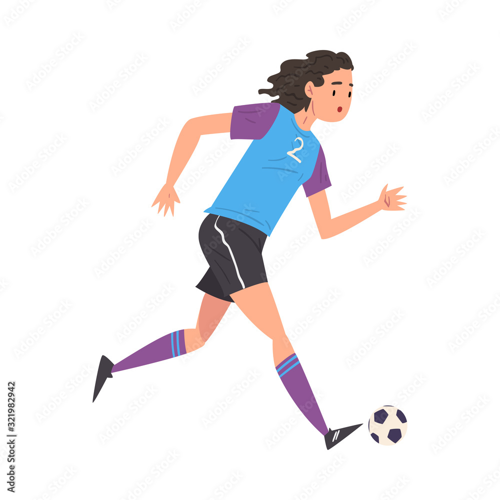 Girl Playing Soccer, Young Woman Football Player Character in Sports Uniform Running with Ball Vector Illustration