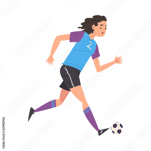 Girl Playing Soccer, Young Woman Football Player Character in Sports Uniform Running with Ball Vector Illustration