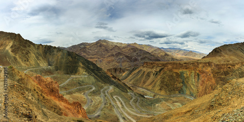 Panomaric top view of winding road to Lamayuru, Ladakh, India