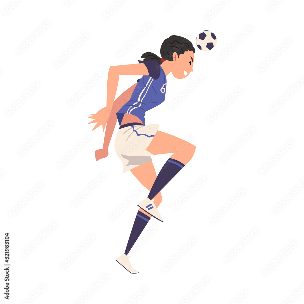 Girl Soccer Player Character, Young Woman in Sports Uniform Playing Football, Female Athlete Heading the Ball Vector Illustration