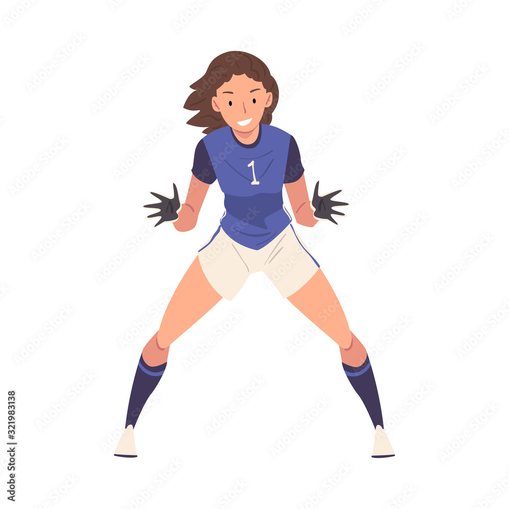 Girl Soccer Player, Young Woman in Sports Uniform, Female Goalkeeper Character Vector Illustration