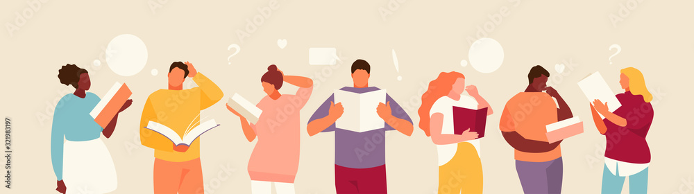 Reading people group with books in their hands. Students and education vector illustration - obrazy, fototapety, plakaty 