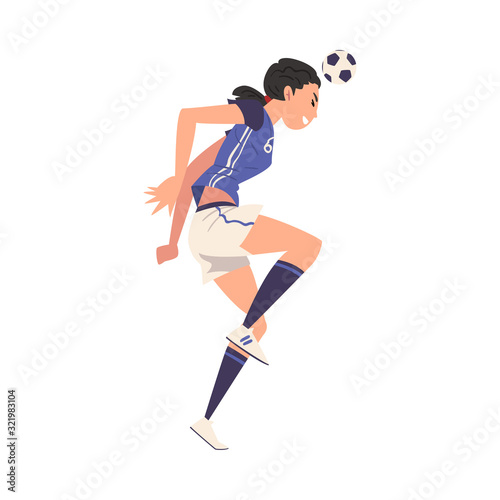Girl Soccer Player Character, Young Woman in Sports Uniform Playing Football, Female Athlete Heading the Ball Vector Illustration
