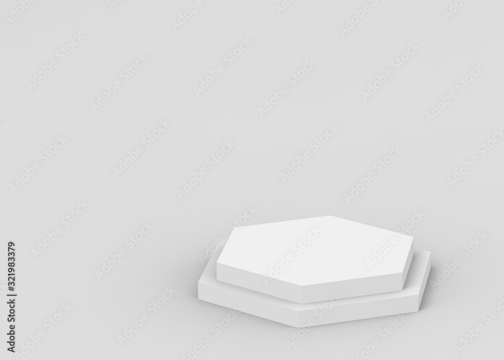 3d white gray hexagon podium minimal studio background. Abstract 3d geometric shape object illustration render. Display for cosmetics and beauty fashion product. 3d white gray hexagon podium minimal studio background. Abstract 3d geometric shape object illustration render. Display for cosmetics and beauty fashion product.