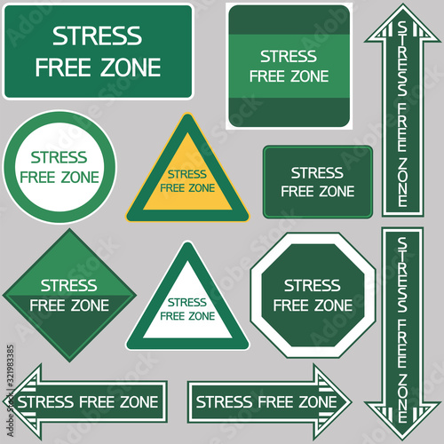 Stress free zone. A set of characters on the same topic, informative text, geometric, flat shapes.