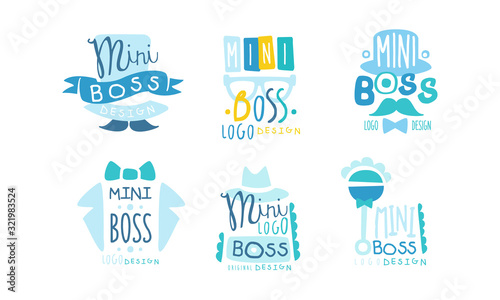 Mini Boss Logo Design Templates Collection, Cute Childish Creative Hand Drawn Labels Vector Illustration