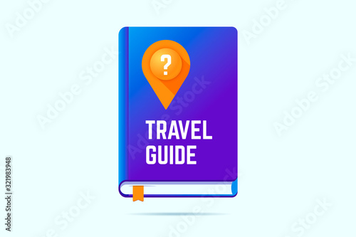 Travel guide book icon with a map pin and question sign. Vector illustration for traveling help.