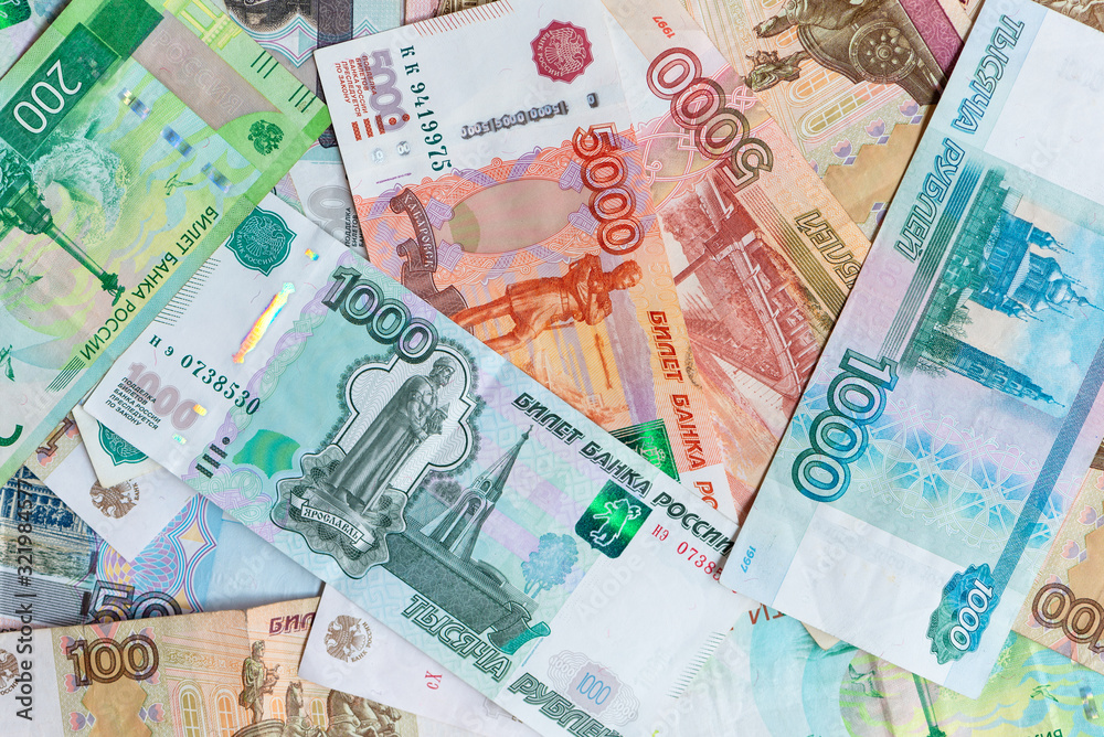 Russia rubles bank note / bill with top view or flat lay concept Russia rubles bank note / bill with top view or flat lay concept