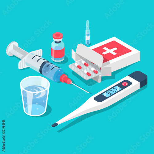 Treatment inflammation. Syringe with ampoule, blister of pills glass of water, thermometer with high temperature. Healthcare concept. Different medicaments. Web banner landing page. Vector isometric.