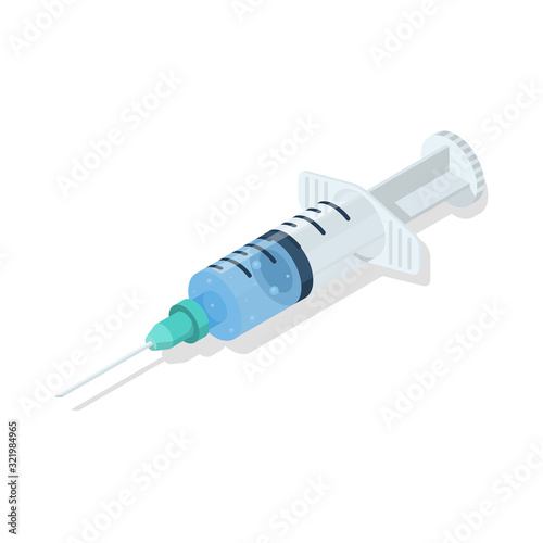Syringe isometric 3d icon. Vector illustration flat design. Plastic syringe isolated on white background. Medical equipment. Element for vaccination and injections. Symbol treatment. Vitamins or drug.