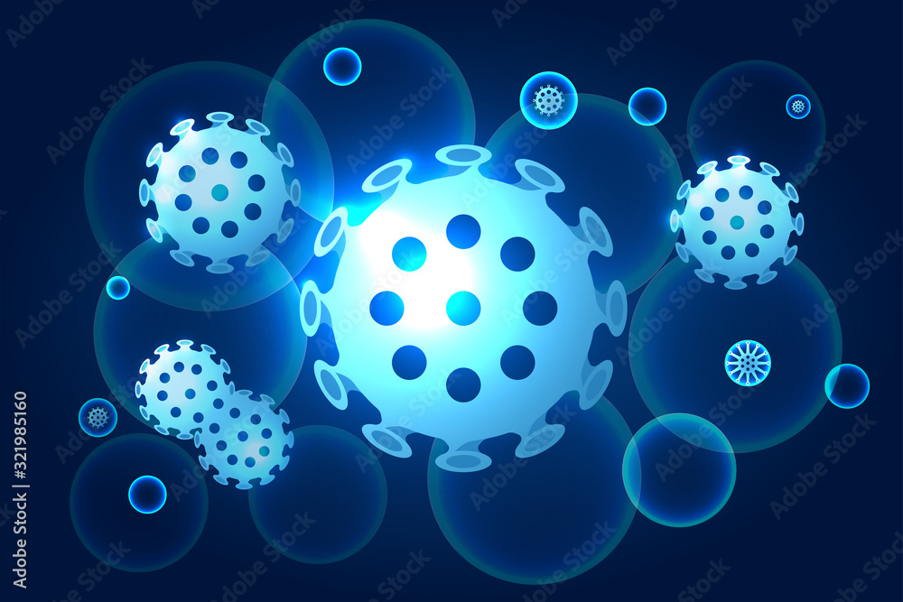 Abstract background chinese coronavirus. Outbreak novel oronavirus 2019-nCoV. Bacterial cells with neon flashes. Flu infection concept. Pathogenic organism. Vector illustration. Bacterial ilness.