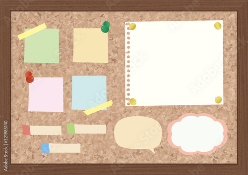 Various memos and push pins on the cork board set.